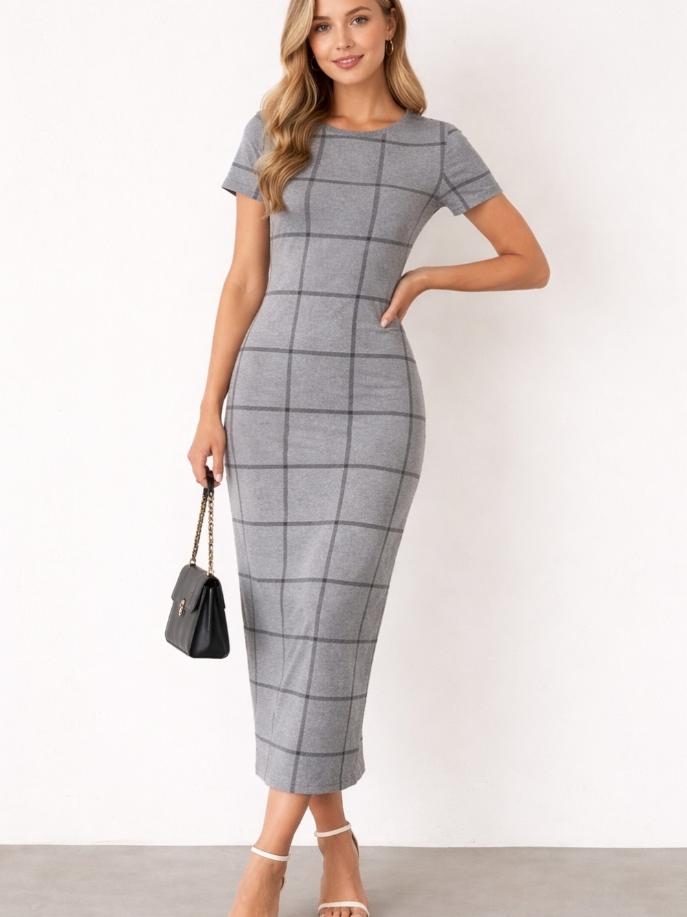 Vibe Gray Windowpane Midi Dress with Short Sleeves